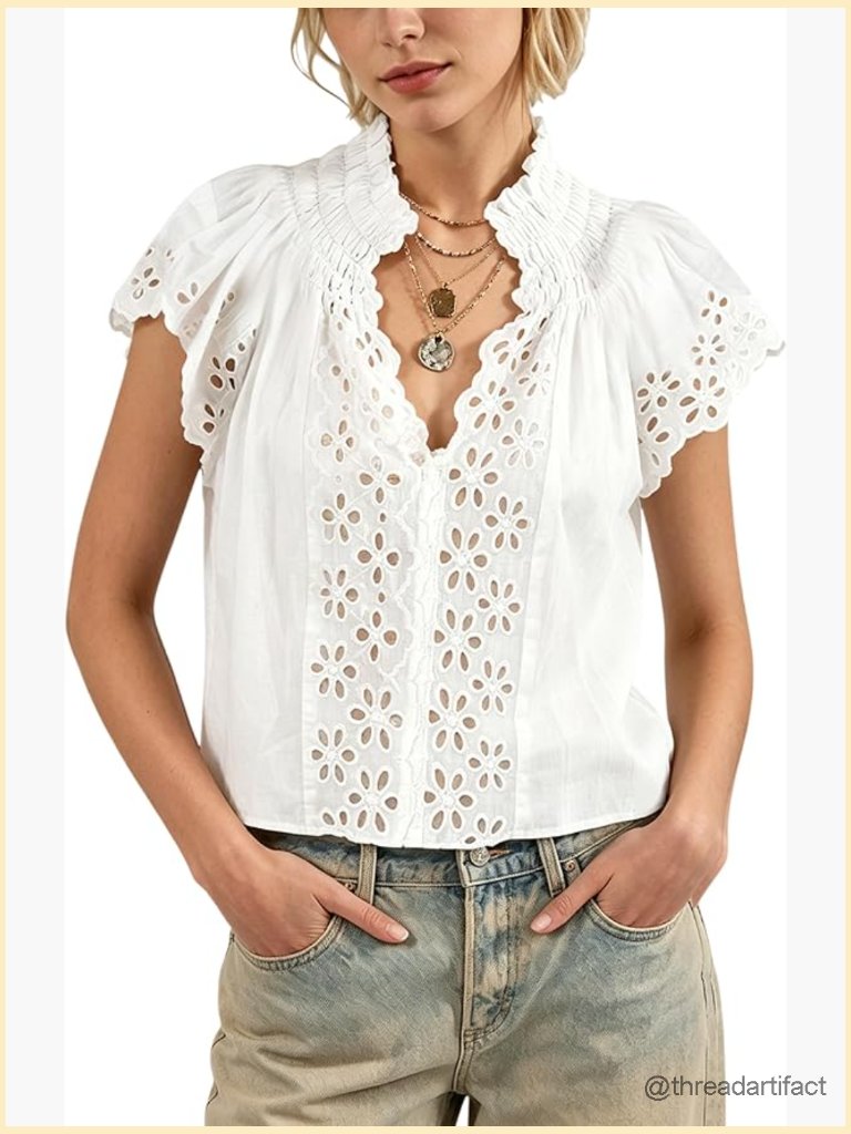 Lace Embroidered Eyelet Blouse Boho Ruffle Cap Sleeve Deep V